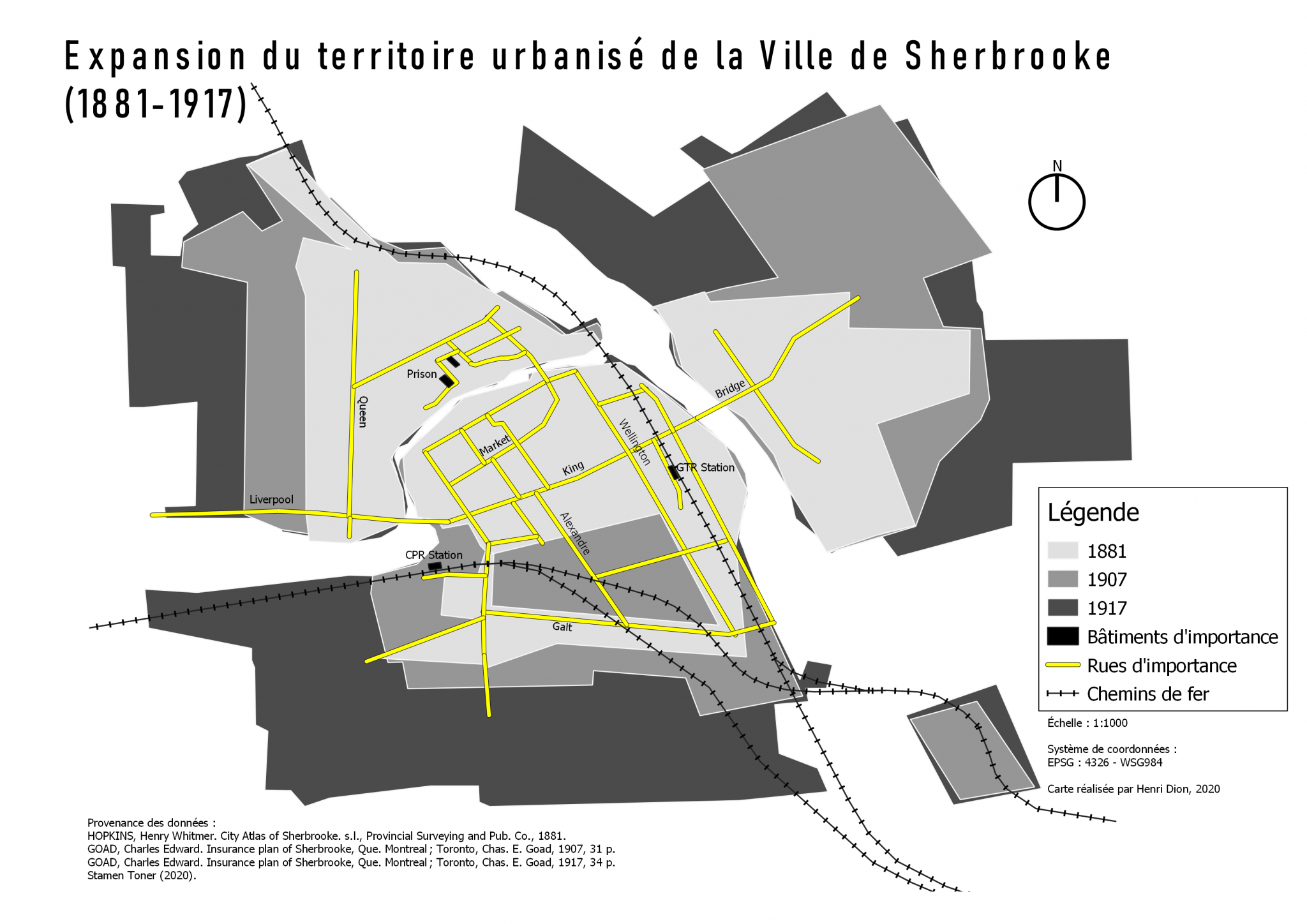 Carte 1 : Expansion du territoire urbanisé de la Ville de Sherbrooke (1881-1917)